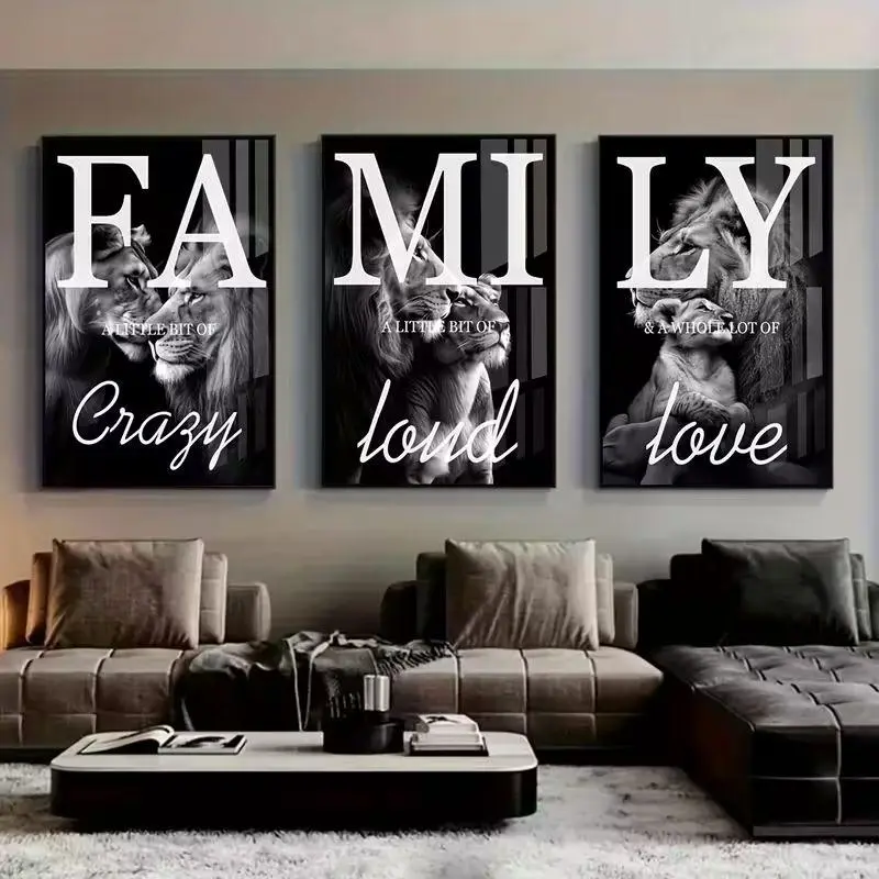Set of 3 2D Flat Canvas Paintings – Family Lions Wall Art, Perfect Gift for Living Room & Kitchen, Home & Room Decor