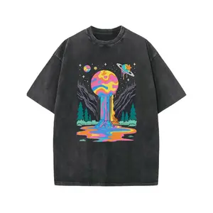 Men's Psychedelic Space Nature Graphic T-Shirt, Vintage Washed Cotton Tee, Colorful Planet Mountain Print, Casual Crew Neck Summer Top, Perfect for Daily Wear, Outdoor Activities and Gift Giving