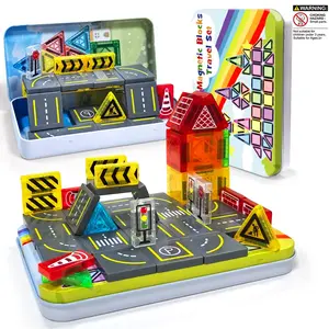 Magnetic Blocks Road Set - Magnetic Building Set Magnetic Building Tiles Magnet Crane Car Toys with An Iron Box, Magnetic Blocks STEM Toys Creativity And Educational Construction Toys Toys for Kids Age 3-6 Birthday Gifts, Random Color