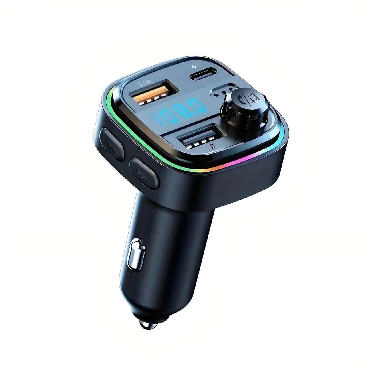 C26 FM Radio Transmitter Car Bluetooth Aux Receiver Adapter with Wireless Music Function Dual USB & Type-C Charging 5-in-1 Fast Charge 3-Port USB-C Car Adapter RGB Ambient Lighting