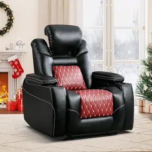 Electric Power Recliner Chair | Adjustable Headrest + USB Ports + Cup Holders + Hidden Storage (Black/Red)