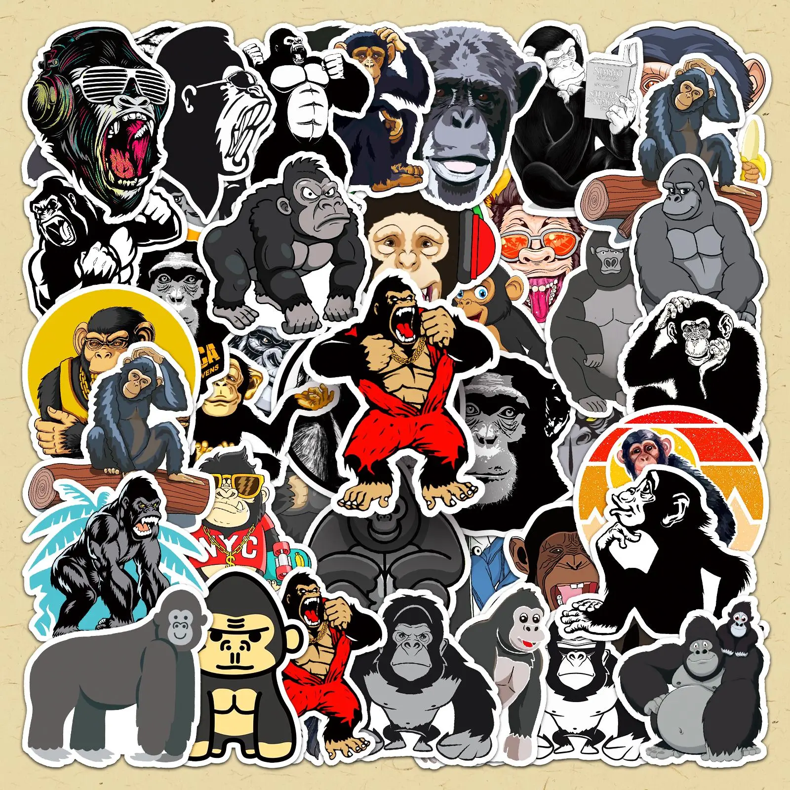 Cartoon Gorilla Pattern Sticker, 100pcs/set Self Adhesive Decorative Stickers, DIY Decals for Gift Greeting Card Water Bottle Laptop Phone, Halloween