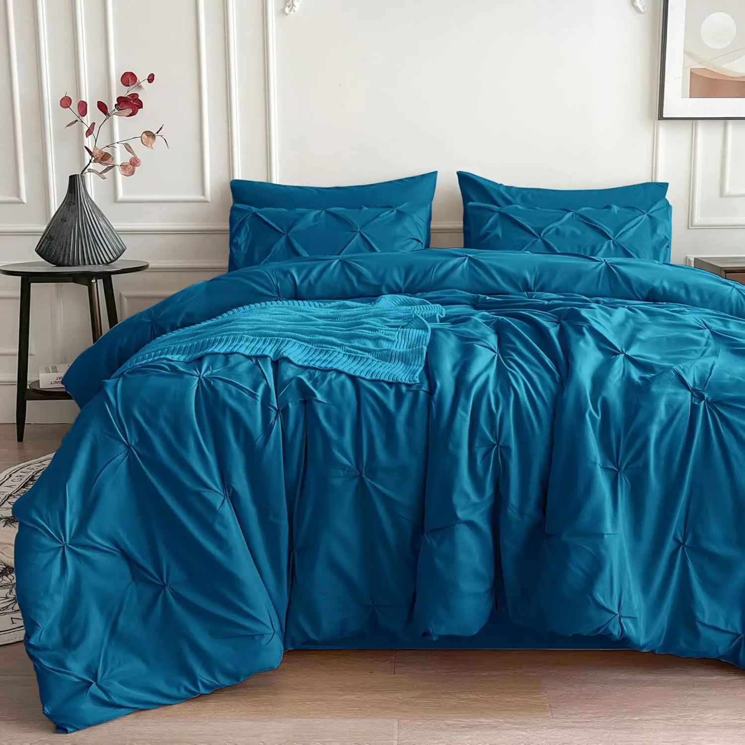 Queen Teal Textured Bedding Set - 7 Pinch Pleat Comforter, Flat Sheet, Fitted Sheet, Pillowcases, Pillow Shams