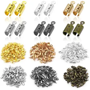 300pcs Stainless Steel Fold Over Cord Ends Crimp Caps Ribbon End Clasp Tips Clamp Jewelry Connector for Jewelry Making Necklace Cord DIY Crafts(6 Colors)