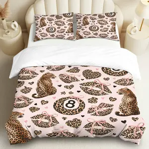 3PCS Duvet Cover Set, 1 Duvet+2 Pillowcases(Without filler), Leopard Heart Bow Stylish Unique theme, Valentine's bedding set, Leopard Print Luxury Suitable for decoration Bedroom, Guest Room, Living Room, Dorm.