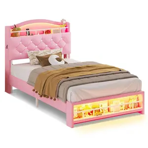 Twin Size Princess Velvet Upholstered LED Bed Frame Pink