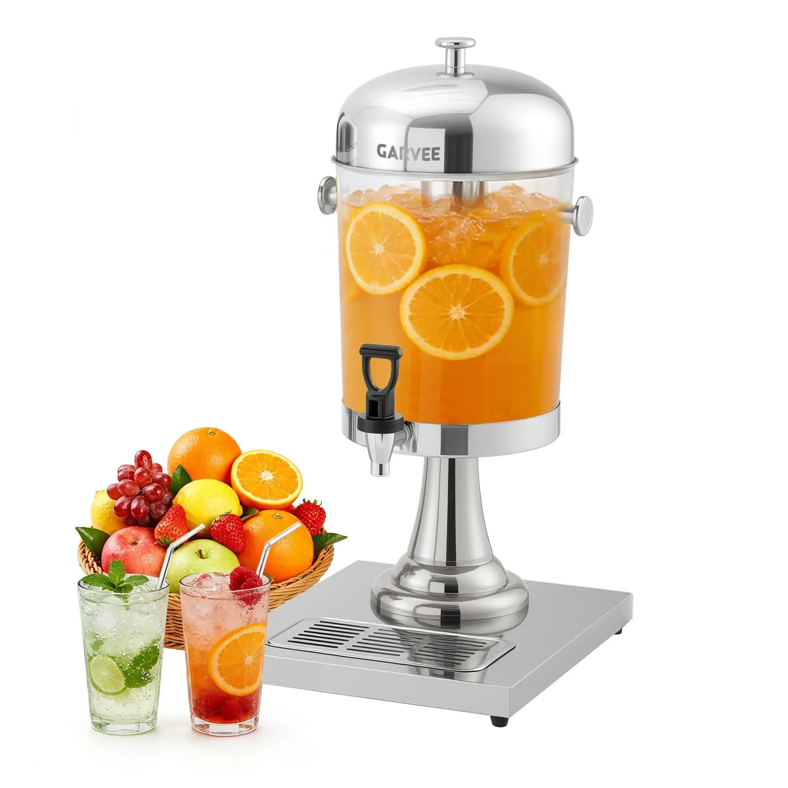 2.2 Gallon Stainless Steel Beverage Dispenser with Ice Core, Stand, Spigot and Drip Tray for Juice, Lemonade and Iced Tea