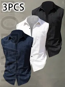 3pcs Men's Summer Wear Casual Fashion Tank Top, Pocket Design-Lightweight Breathable Solid Color Button-Up Casual Shirt, Machine Washable for Beach Vacation,Pool Party & Casual Attire,Beach Shirt,Perfect for gifting