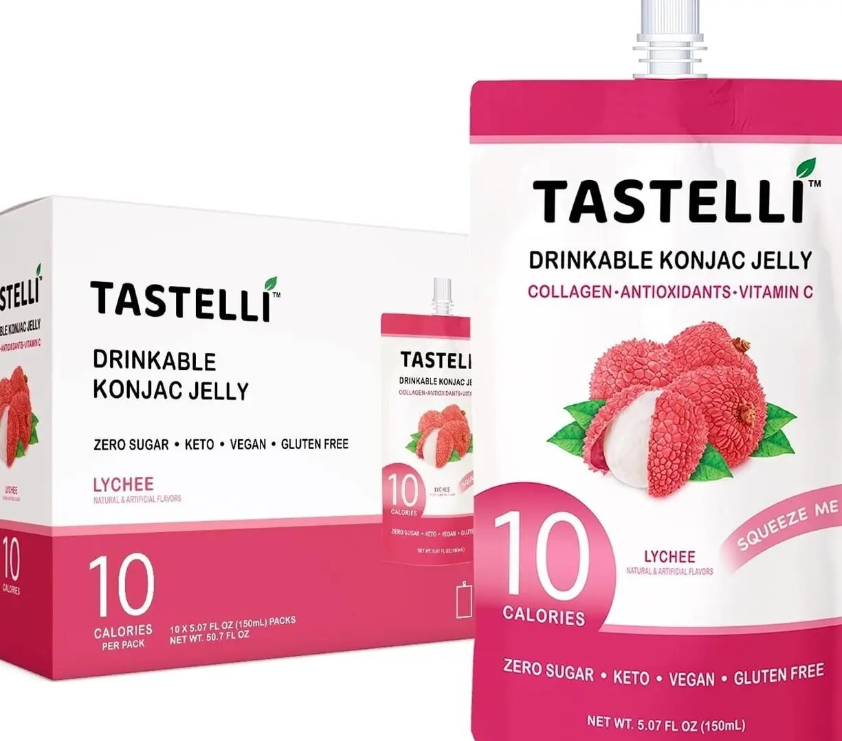 Tastelli Konjac Jelly Infused with Collagen Drink + Vitamin C + Antioxidants / 10 Calories, Vegan, Zero Sugar/Healthy Drinkable Dessert Pouch / (Lychee) - 150mL x 10 Pouches
