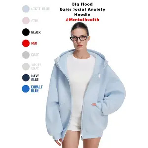 Big Hood Eases Social Anxiety Hoodie Best Gift Ideas Wishlist High Neck Oversized Unisex Embroidered Letter Fall Cardigan Zip Up Suitable Menswear Womenswear Sweatshirt Pullover Vintage Heavyweight  Fabric#Mentalhealth Tops Casual