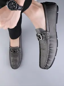 Men's First Layer Cowhide Leather Shoes, Spring & Fall Loafers, Slip-On Business Casual Moccasins, Breathable Flat Sole Rubber Footwear