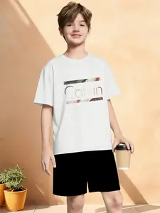 Boys' Summer Cotton Short Sleeve T-Shirt, New 2026 Calvin Printed Round Neck Top, Casual Fitted Bottoms for Kids