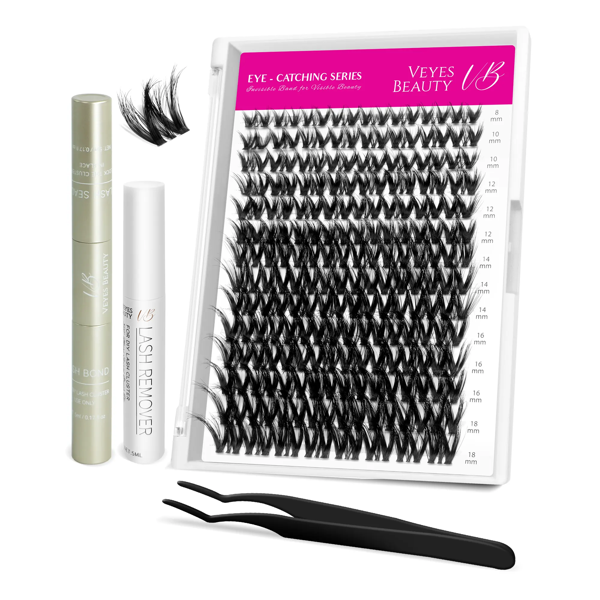 VEYESBEAUTY VB-Furrish Cluster False Eyelashes & Adhesives Kit, Wispy Faux Mink DIY Eyelash Extensions with Ultra-Thin Invisible Band, Mixed Lengths for Self Makeup Application, Eyelashes Extensions
