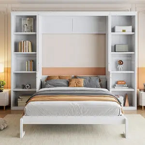 Full Size Murphy Bed with Desk and Bookshelf, White
