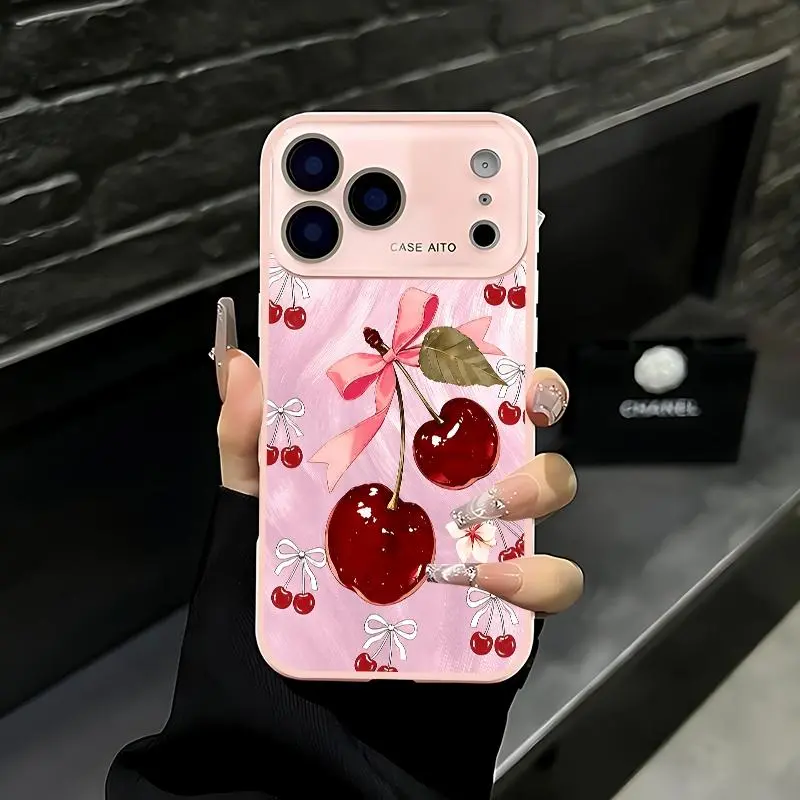 Cherry bow design, sweet girl style phone case. Compatible with iPhone 17 Pro Max, 16 Pro Max, 15 Pro Max, and 14 Pro Max. Includes lens protection. Also compatible with iPhone 15, 14, 13, and 12. Made of skin-friendly TPU material.