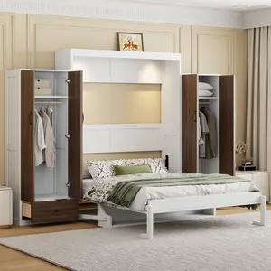 Full Size Murphy Bed Wall Bed with Closet ,Drawers and Table,White