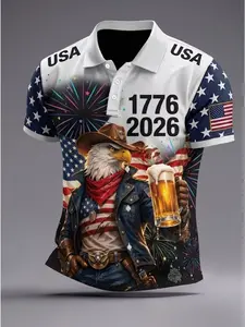 Men's American Independence Day Polo Shirt, Short Sleeve Casual Wear, Patriotic Theme, All-Season Comfort, Usa Style