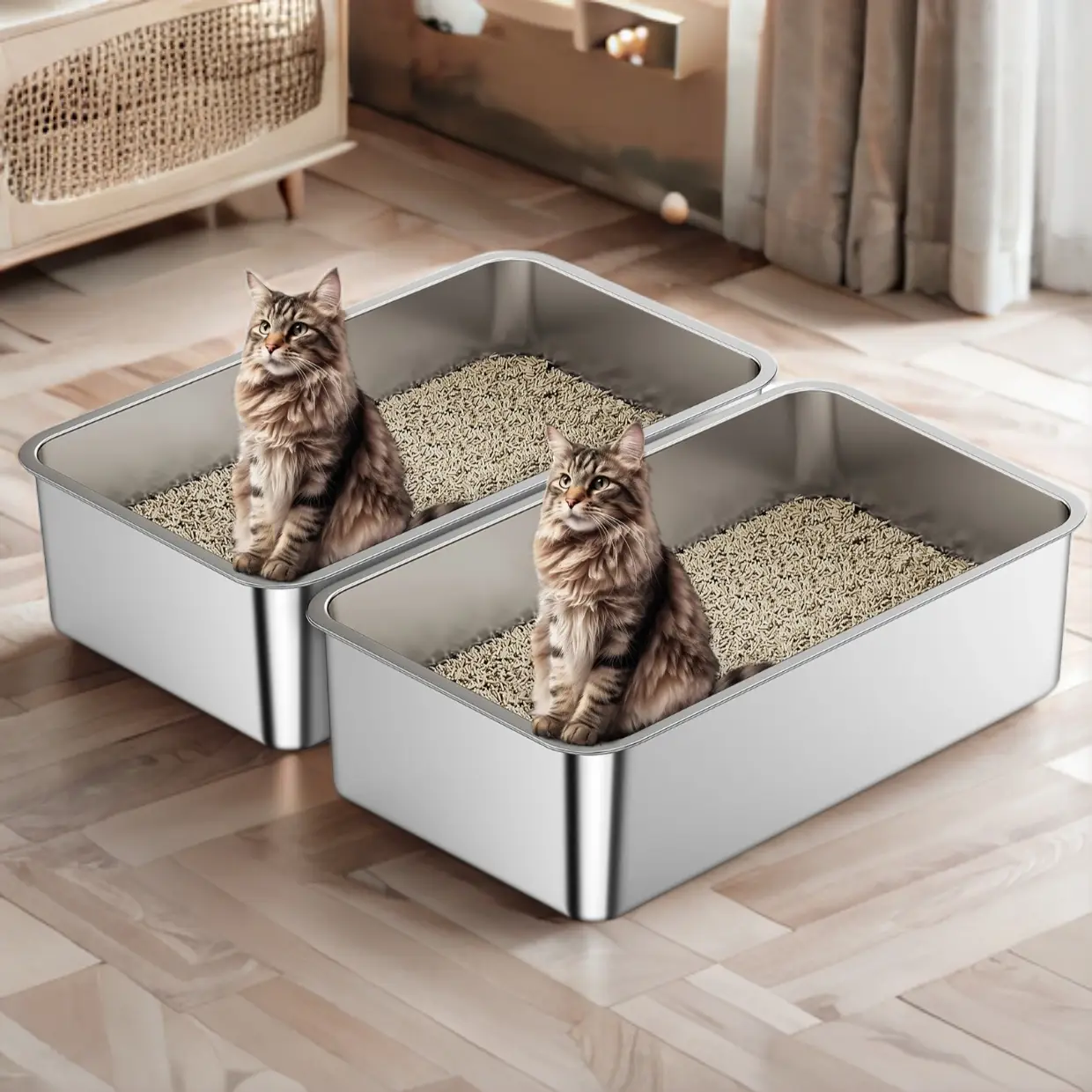 2 Sets 23.4"L x 15.6"W x 6"H Easy Clean Long Lasting Modern Stainless Steel Litter Box Cats Durable Scratch-free Not stick Cat Toilet Pet Supplies An