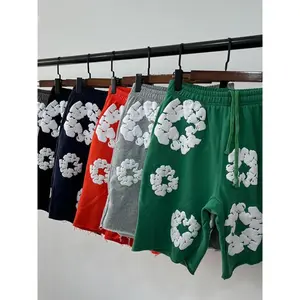 Denim Flower Puff Print Shorts & Y2K Flower Hoodie Joggers Set – Quick-Dry High Waist Sport Shorts, 3D Foam Print Hip Hop Tracksuit, Unisex Streetwear, Trendy Workout & Daily Wear