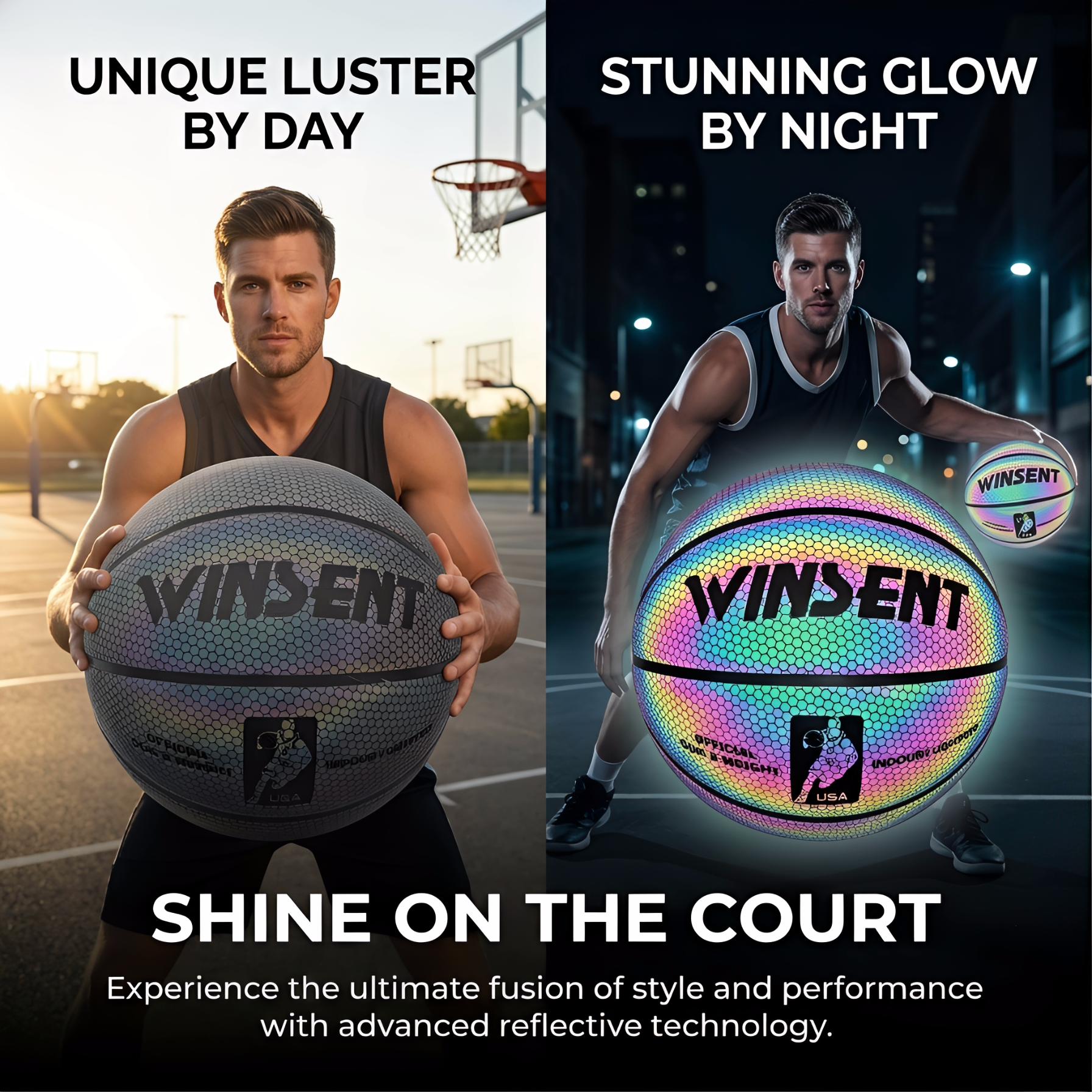 Holographic Reflective Basketball, Glow In The Dark, Official Size 7, Indoor/Outdoor Pro Ball