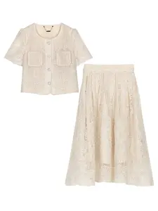 Elegant Two-Piece Set, Fitted Beaded Lace Top & High-Waist Wide-Leg Midi Skirt, Breathable Fashionable Women's for Special Occasions