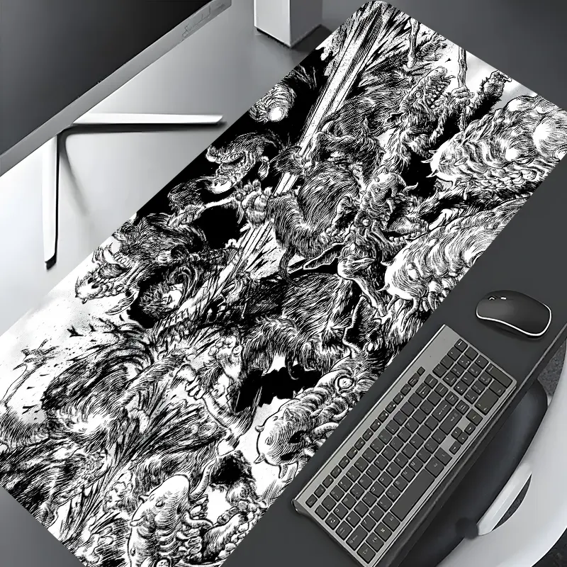 Black & White Monster Battle Design Large Gaming Mouse Pad,Aesthetic Desktop Drotection Pad,Washable Rubber Pad Non-Slip Lock Edge Multi-Size Mouse Pad Suitable For Home Office,Desktop Accessory,Good Gift for Family and friends