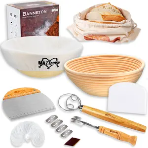 Banneton Bread Proofing Basket Set– 2 Round 9" Rattan breadBaskets for Sourdough Bread Baking with Bread Lame, Dough Scrapers, Liners, Whisk, Bread Bag, & 16 Stencils– Perfect Bread Bowl Gift Kit