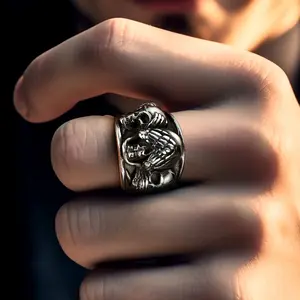 U7 Gothic Men Skull Ring Punk Skeleton Biker Rings for Men Women Stainless Steel Band Ring