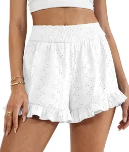 PrettyGarden Women's Cotton Shorts Summer Beach Vacation Clothes Elastic Waist Embroidered Ruffle Shorts with Pockets,Y2K Outfit