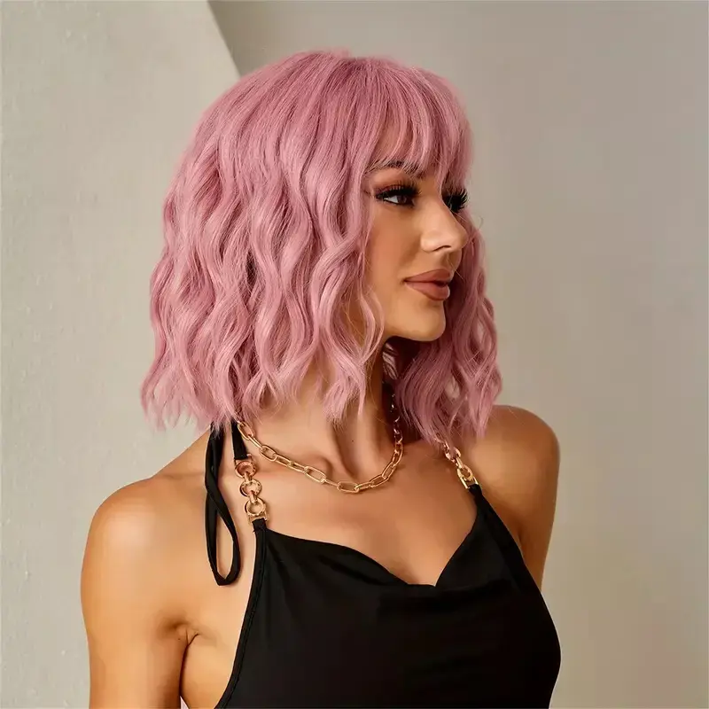 ZIHAN Female Blue Wavy Bob Cut Wig with Air Bangs - Shoulder-Length Heat-Resistant Synthetic Full Machine Wig for Daily Wear