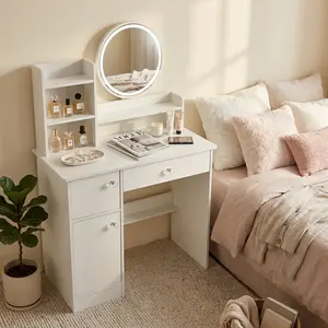 White Vanity Desk with Round Mirror, Storage Shelves Drawer and Cabinet, Small Space Makeup Vanity Table for Women Teens, Bedroom Glam Station