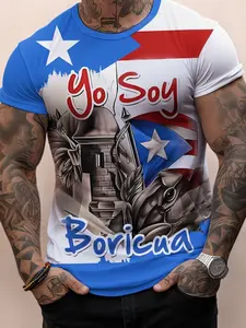 Men's Puerto Rican Ethnic Theme Printed Long T-Shirt, Casual Round Neck Polyester Tee, Slight Stretch, Fitted Knit Fabric, Sporty Style, All Seasons