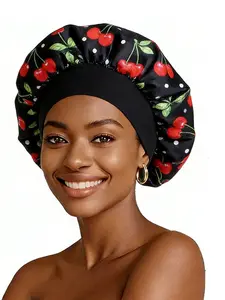 New Fruit Print Satin Wide Brim Sleep Cap, Care Makeup Hat, Hair Protection Headscarf, Stylish Sleeping Accessory