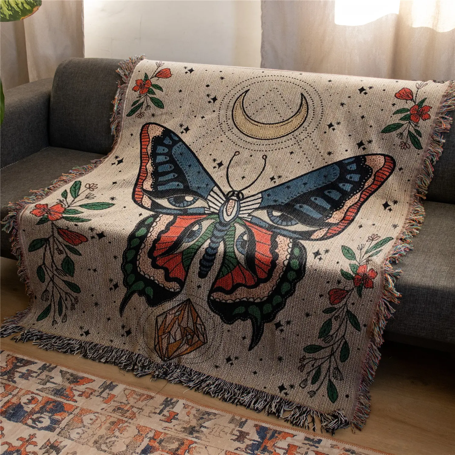 Big Butterfly Pattern Bohemian Yarn Jacquard Woven Blanket with Tassel, Boho Blanket, Floral Blanket, Thick Soft Washable Blanket, Used for Home Decor Sofa Chair Bed Tapestry Tablecloth Floor Garden Picnic Outdoor Camping