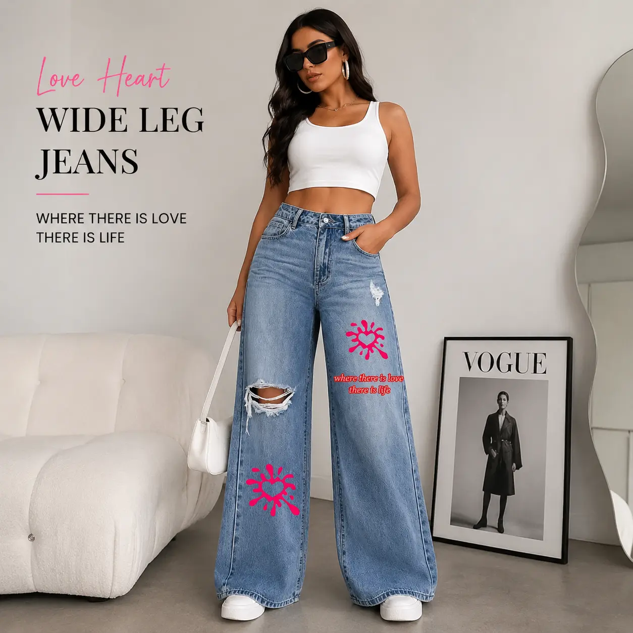 Casual, free-spirited exclusive ink-splatter heart graffiti denim jeans—sweet yet edgy Y2K girl style, conceals curves for a slimmer look, comfortable all day with no restrictions. Bottoms Womenswear