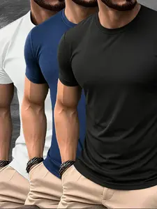 3-Pack Men’s Slim Fit Stretch Breathable T-Shirts, Non-Distortion/Shrink Resistant, Summer Breathable Versatile Solid Color Short Sleeve