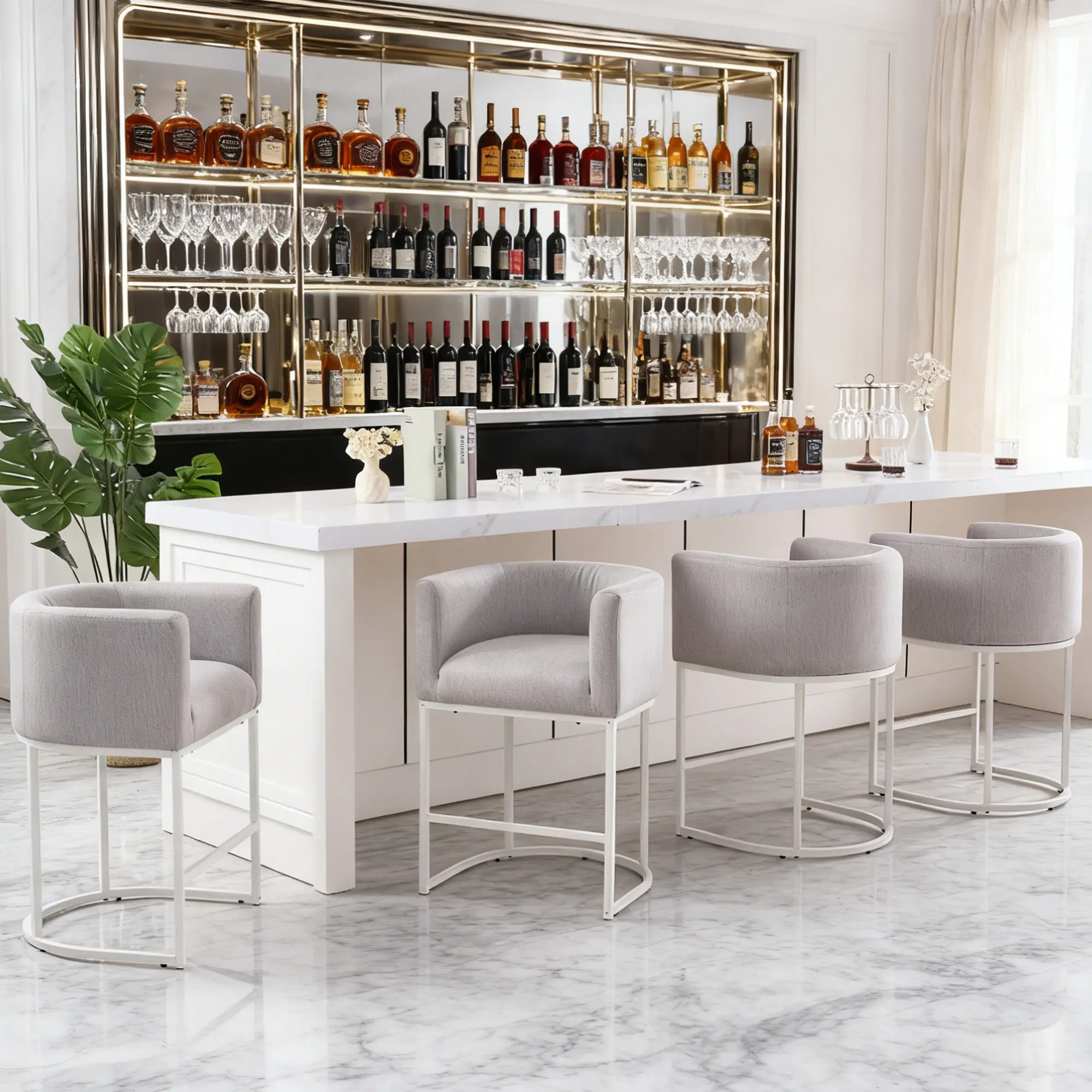 Counter Height Barstools - 26" Seat Ht. Modern Upholstered Armrest Bar Stools with Barrel Back, Sturdy Iron-Cotton Frame, Soft Linen Fabric, Pre-Assembled 1/2/3/4-Piece Sets (Beige/Gray/Black) for Kitchen Island, Home Bar