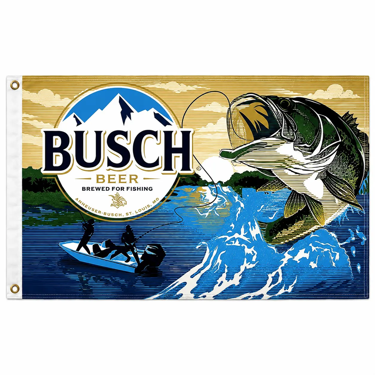 Busch Light Largemouth Bass Fishing Flag 3x5 Ft, Vintage Lake and Mountain Angler Wall Banner, Outdoor Sportsman Decor for Garage, Man Cave, Cabin, Boat House or Fishing Room, Gift for Dad, Husband, Fishermen and Bass Fishing Fans