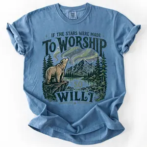 Comfort Colors If The Stars Were Made To Worship So Will I Shirt, Christian Grizzly Bear T-Shirt, Vintage Northern Lights Faith Graphic Tee, Retro Mountain Nature Top, Casual Oversized Apparel