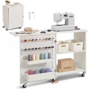 VEVOR Folding Sewing Table, Multipurpose Sewing Machine Table with Cabinet, Compact Design, Wheels, Wooden Pegs, Storage Trays and Shelf, Magnetic Door, Craft Station and Side Desk for Home, WhiteVEVOR Super Brand Day