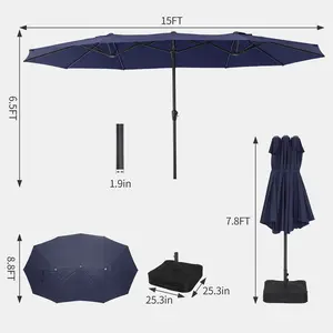15FT Double Head Patio Umbrella with Base,Outdoor Market Umbrella Double-Sided with Crank,Patio Umbrella for Poolside, Garden & Backyard