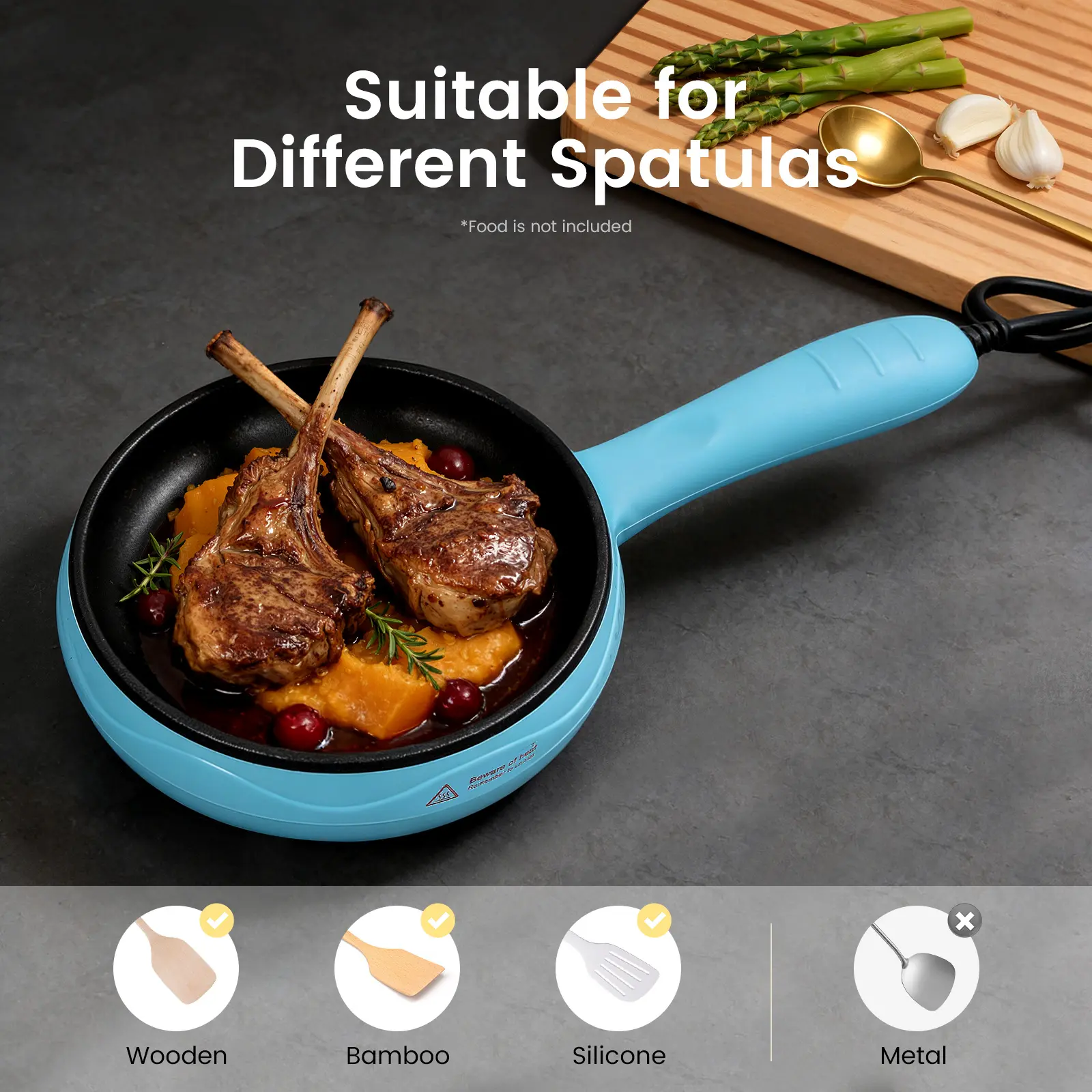Modern Mini Round Blue Non-Stick Electric Frying Skillet - 450W, 110V US Plug, Fast Heat Even Heating, Overheat Protection, Steel+PP Construction, Small Capacity, Portable, for Single-Person Dorm & Home Use