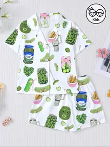 Cute Cartoon Print Kids Pajama Set, Fitted Short Sleeve Top & Elastic Shorts, All-Season Comfortable Sleepwear for Boys & Girls, Pickle Printed Pajamas
