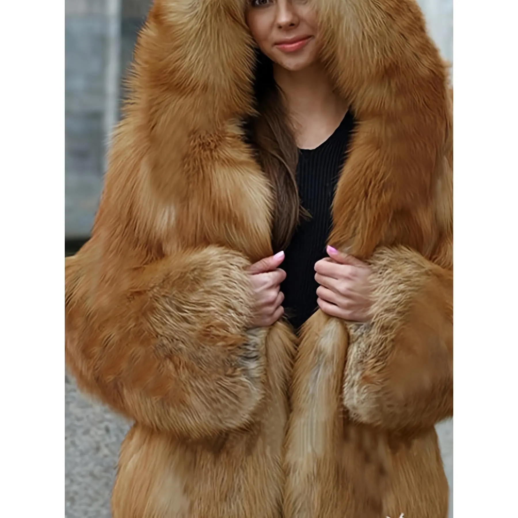 Women's Hooded Coat, Casual Oversized Solid Polyester Knit Outerwear, Mid-Length with Pockets for Fall & Winter, Tops, Fabric