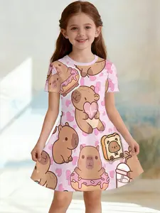 Trendy Girls' Watermelon Food Full Print A-Line Dress, Cute Cartoon Short Sleeve Skirt, Fashion Outdoor Wear, Birthday Gift, Holiday Gift