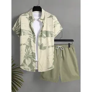 Manfinity KASUA Men's Tropical Plant Print Short Sleeve Shirt And Shorts Beach Outfit Men Swim Trunks Vacation Outfit For Men, Hawaiian