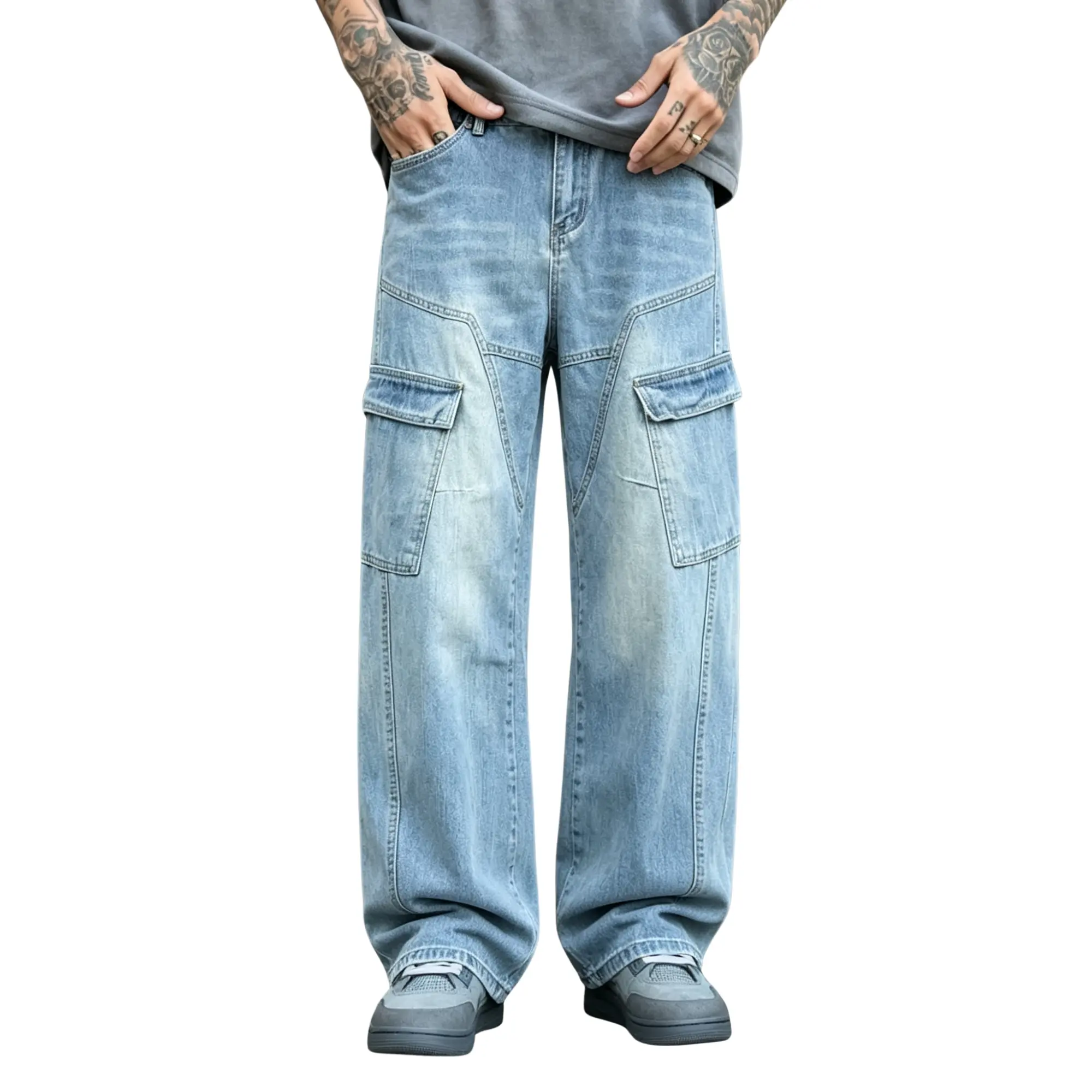 Men's Denim Workwear Jeans - High-Street Style Washed Cotton Menswear, Patchwork Design, Multiple Pockets, Loose Fit, Vintage Distressed Look, All-Season Below Ankle Long Pants