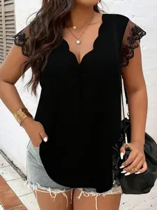 Women's Plus Size Lace Short Sleeve Tops Blouses Scalloped V-Neck Ruched Front Flowy Tunic Curved Hem Casual Summer Versatile Basic Shirts Trendy
