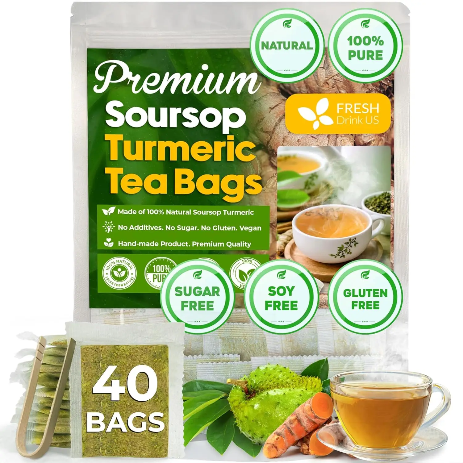 Premium 40 Soursop Turmeric Tea Bags, 100% Natural, Blend of Soursop Leaves, and Turmeric Root. Made with Natural Material Tea Bags. No Sugar, Vegan.