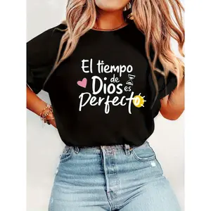 Cotton Short Sleeve  T-Shirt'S Black T-Shirt - "El Tiempo De Dios Es Perfecto" Inspirational Quote, Faith-Based Design with Heart & Sun Graphics - Soft Polyester Fabric, Casual Short Sleeve Round Neck Tee - Perfect Gift for Religious